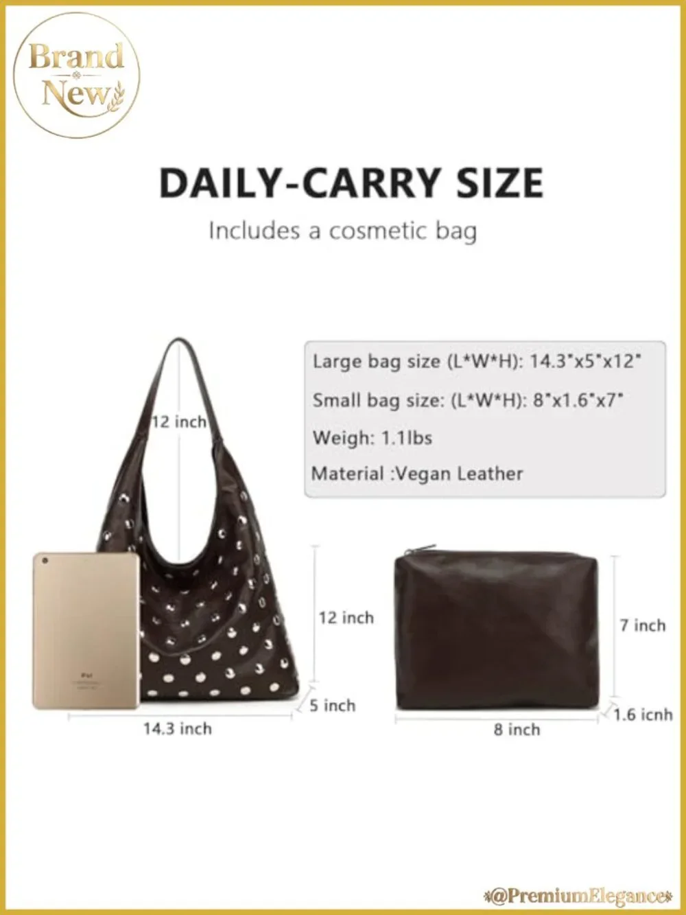 Studded Vegan Leather Hobo Bag Soft Slouchy Tote Shoulder Purse